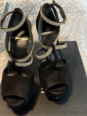 Marciano Black Suede Crystal-Trim Platform Heels